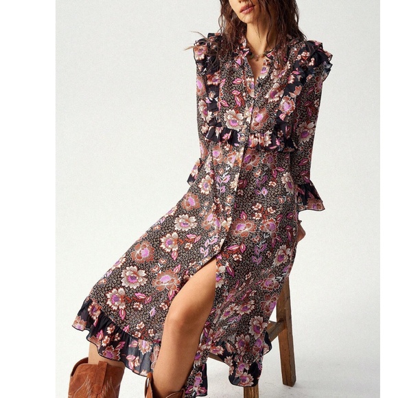 Boho Floral Print Button Ruffle Detail Long sleeve Midi Dress - Picture 3 of 6